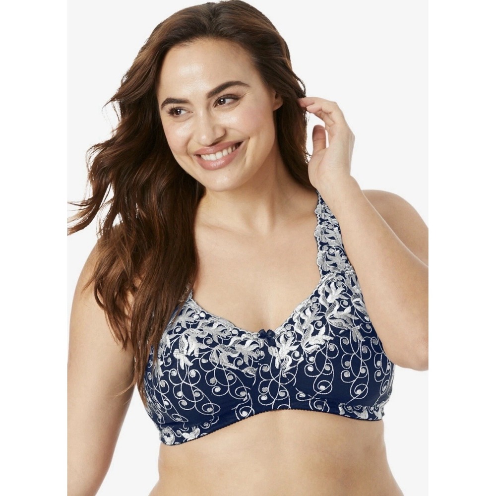 Women's Amoureuse‎ Embroidered Wireless Back-close Bra Evening Blue Silver 40B